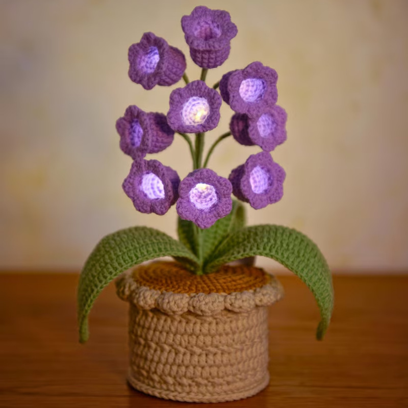 LED Light Crocheted Lily of the Valley - Glowing Potted Knit Flower Home Ambiance Decor - CustWitUK