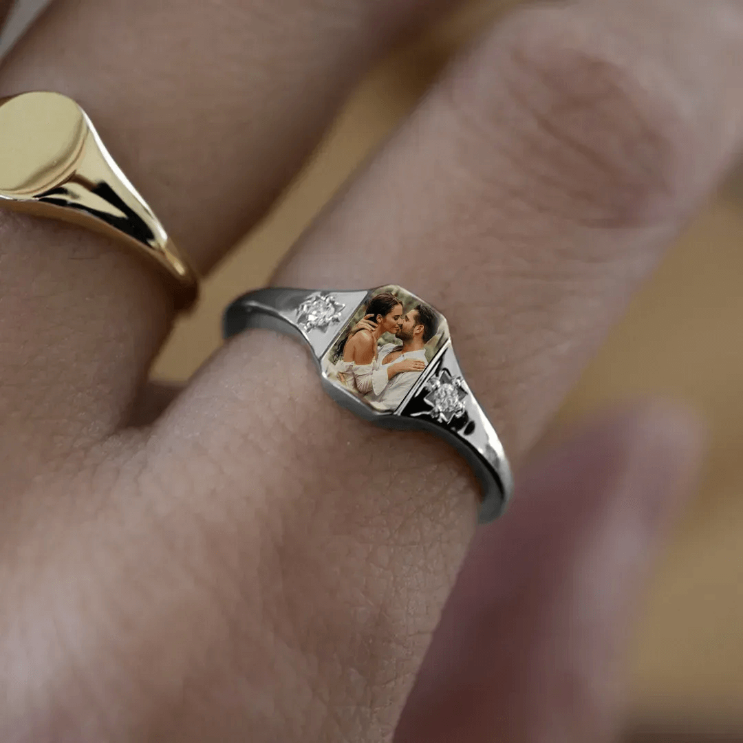 Anillo De Foto Con Piedra De Nacimiento Personalizada, 2 Colores De Foto, Regalo Perfecto Para Esposa Y Madre. - CustWitES