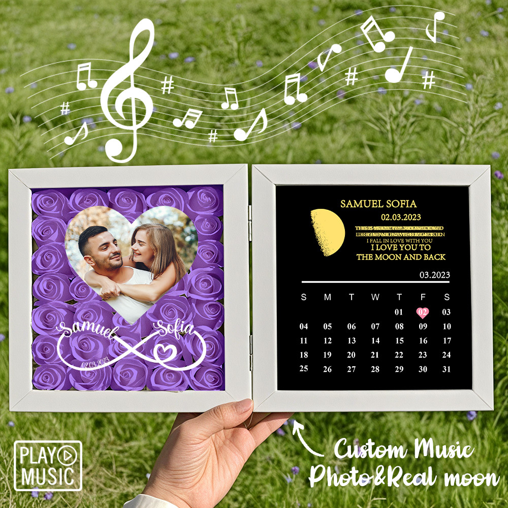 Custom Rose Flowers Frame with REAL MOON PHASE Can Play Music Anniversary Calendar Gift for Her - CustWitUK