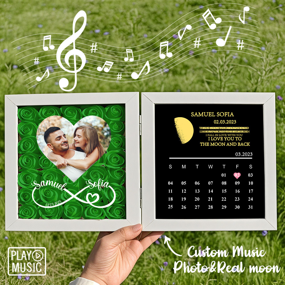 Custom Rose Flowers Frame with REAL MOON PHASE Can Play Music Anniversary Calendar Gift for Her - CustWitUK