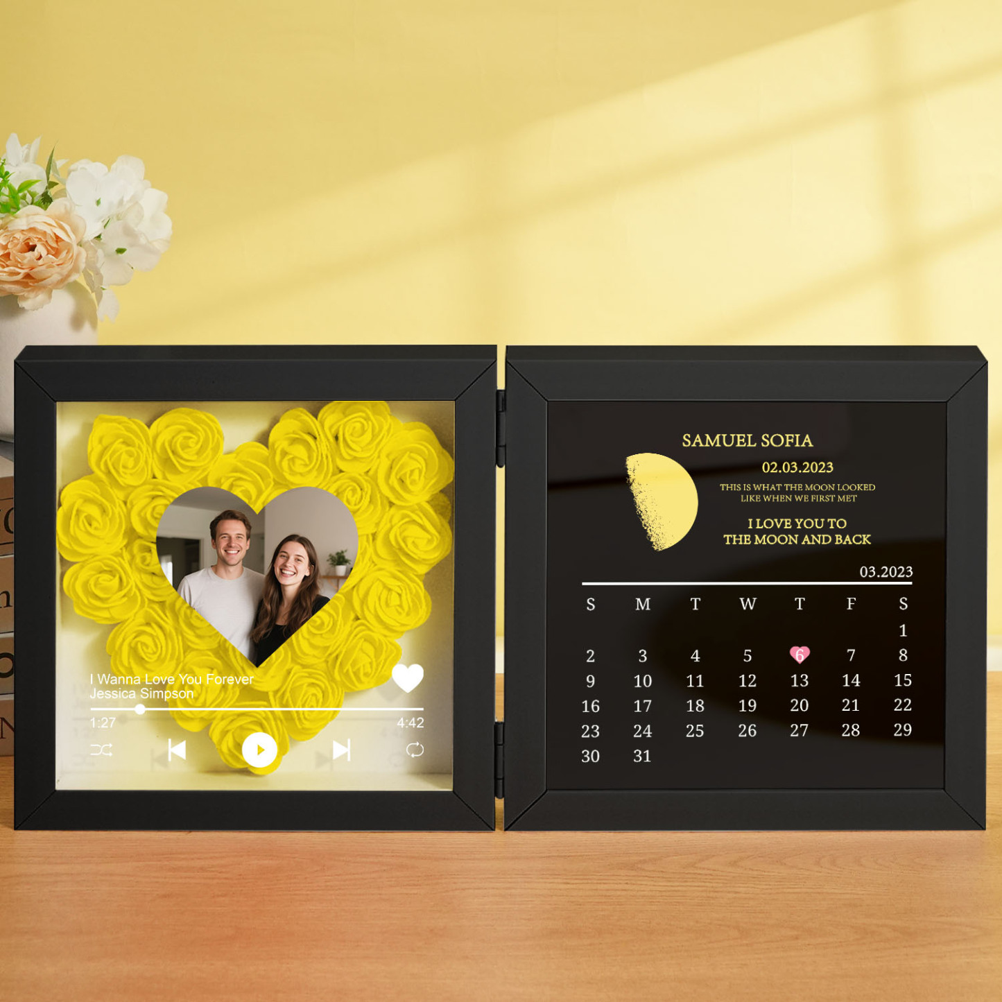 Custom Flowers Song Frame with Real Moon Phase Can Play Music Anniversary Calendar Gift for Her - CustWitUK