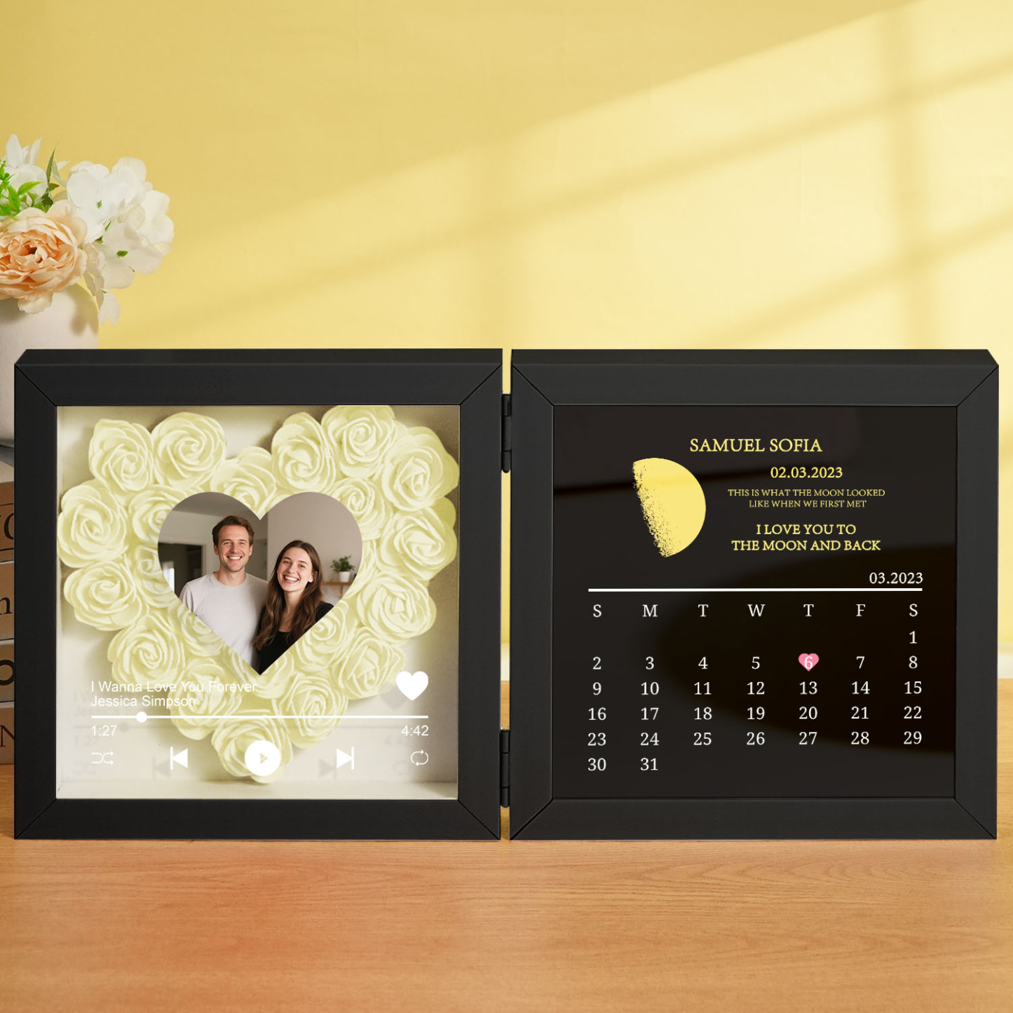 Custom Flowers Song Frame with Real Moon Phase Can Play Music Anniversary Calendar Gift for Her - CustWitUK