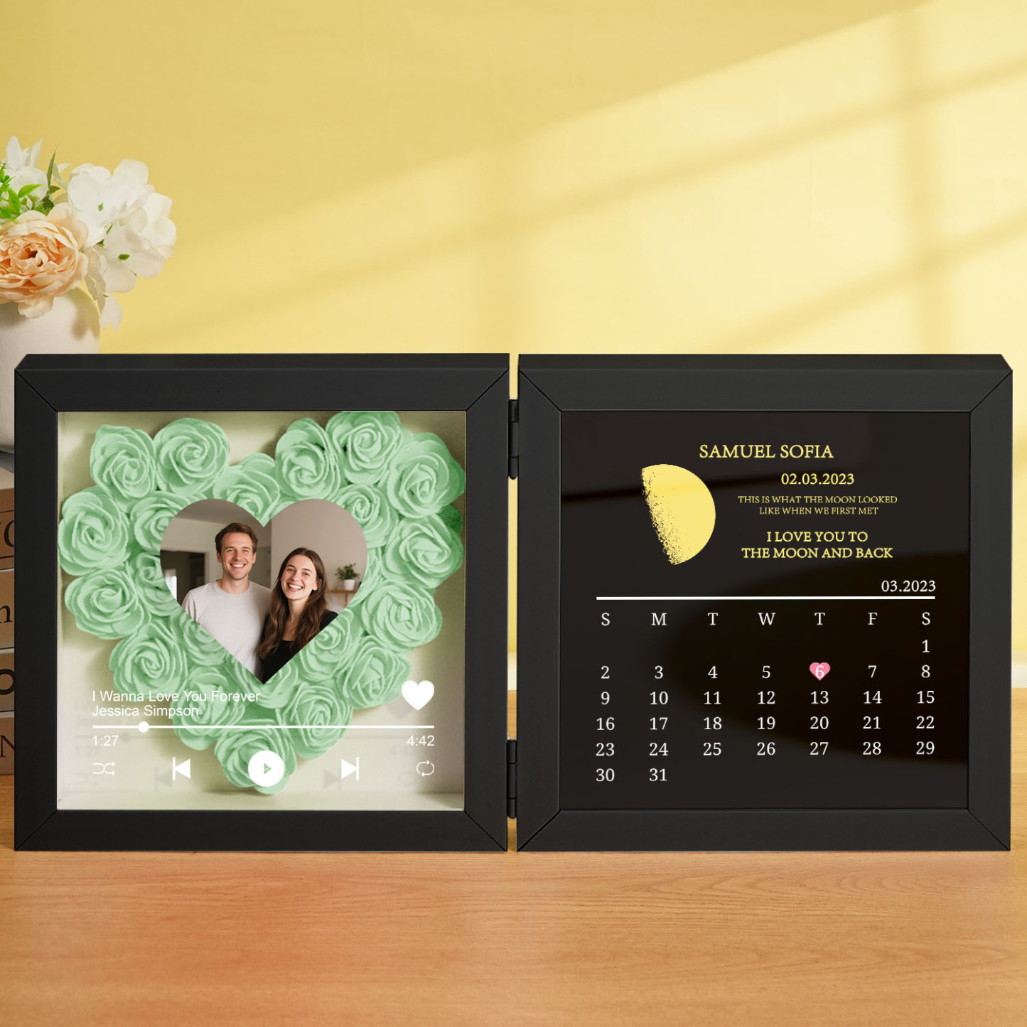 Custom Flowers Song Frame with Real Moon Phase Can Play Music Anniversary Calendar Gift for Her - CustWitUK