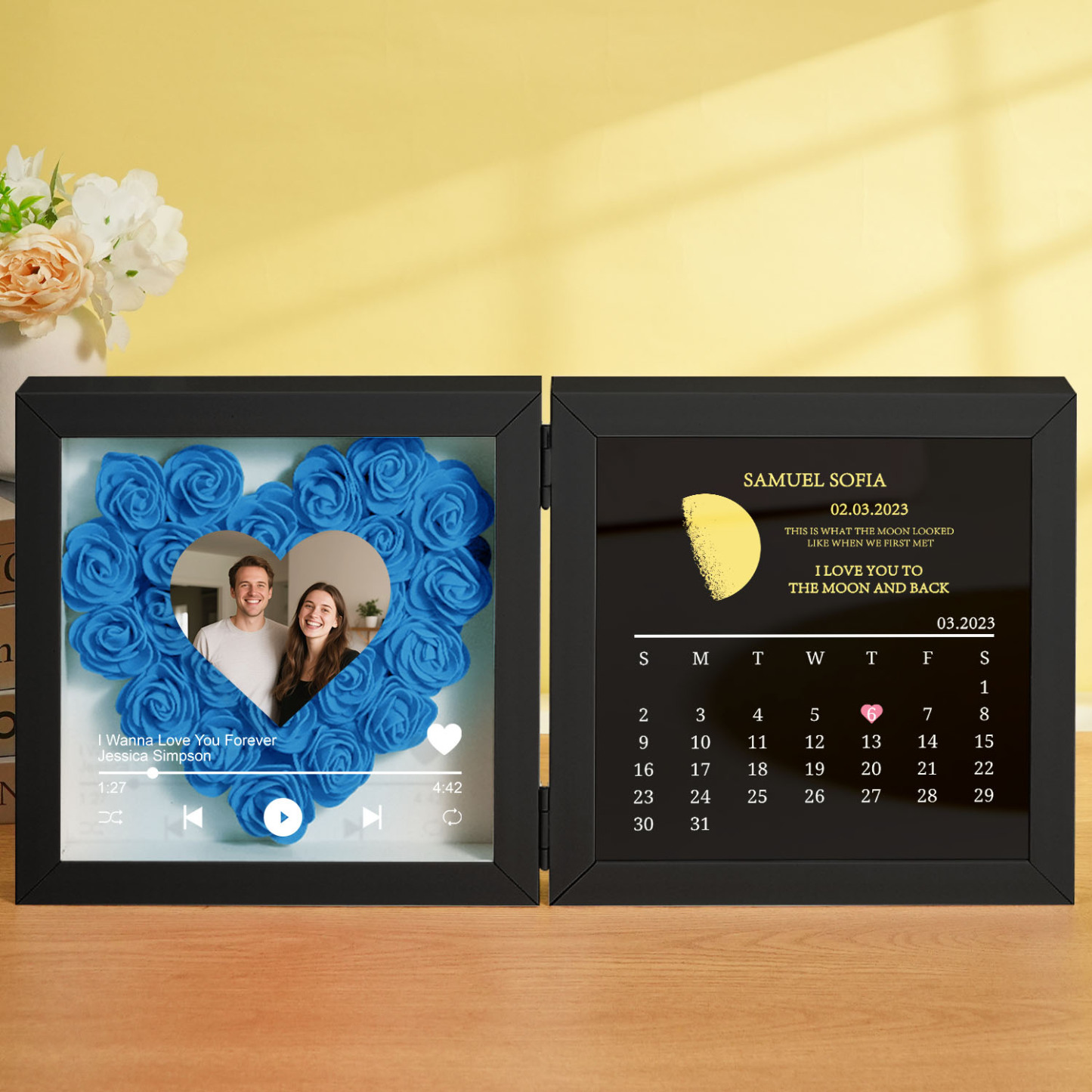 Custom Flowers Song Frame with Real Moon Phase Can Play Music Anniversary Calendar Gift for Her - CustWitUK