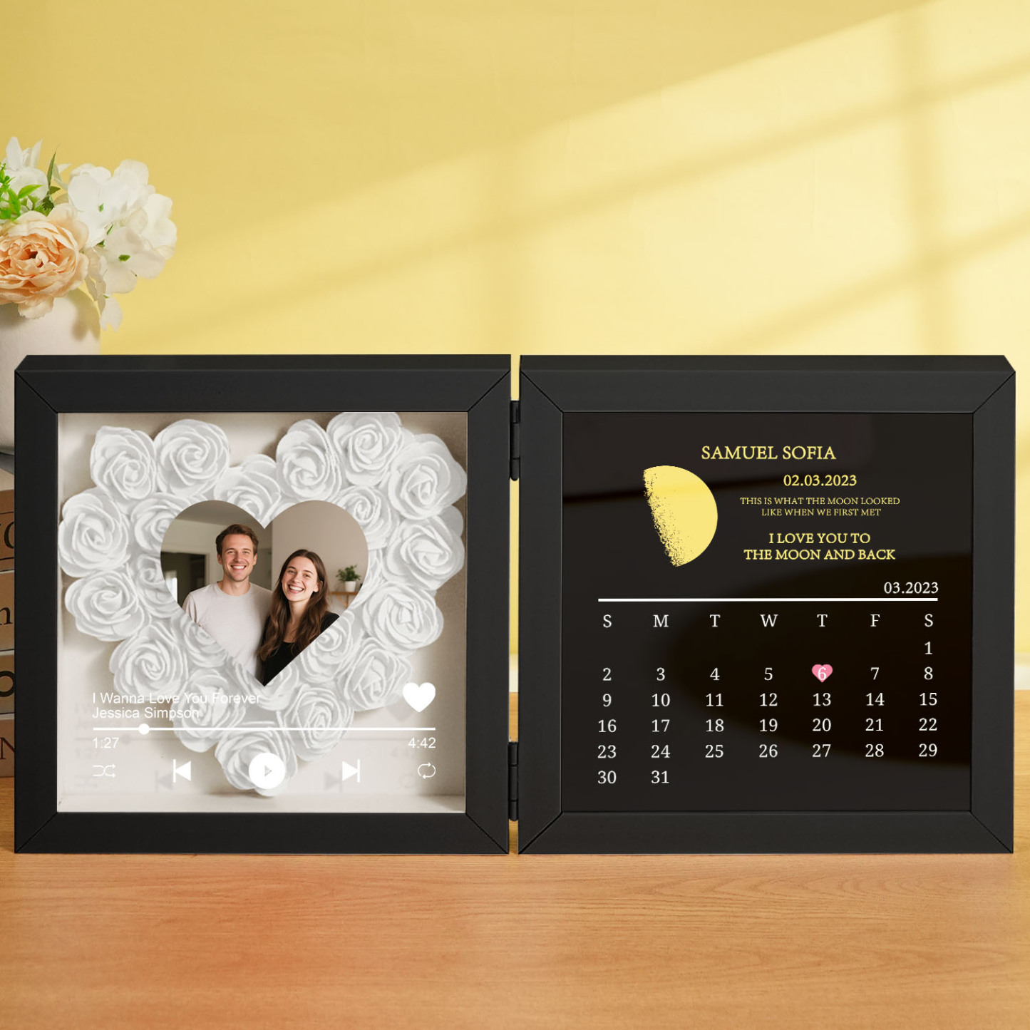 Custom Flowers Song Frame with Real Moon Phase Can Play Music Anniversary Calendar Gift for Her - CustWitUK