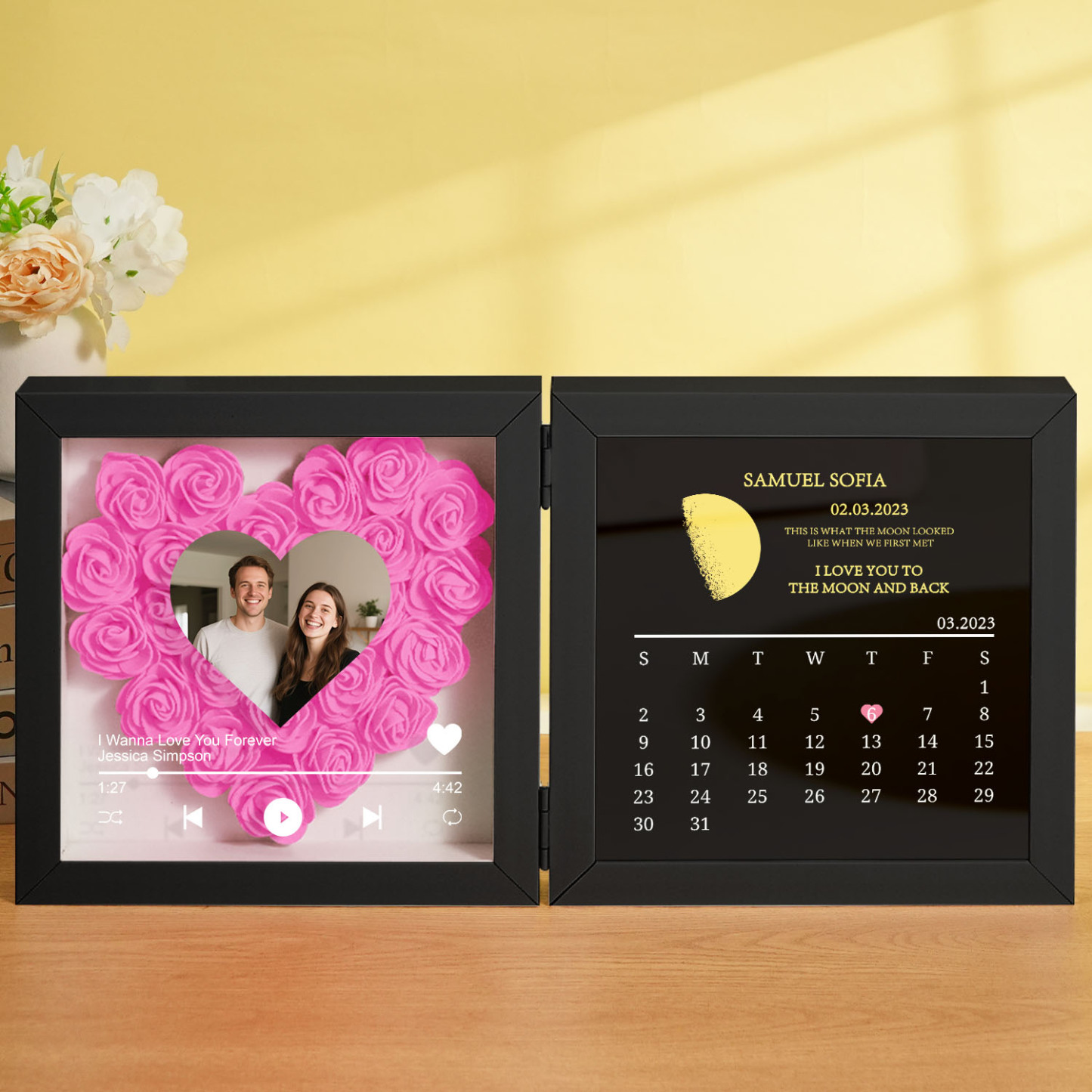 Custom Flowers Song Frame with Real Moon Phase Can Play Music Anniversary Calendar Gift for Her - CustWitUK