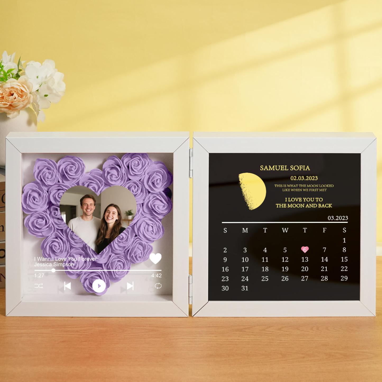 Custom Flowers Song Frame with Real Moon Phase Can Play Music Anniversary Calendar Gift for Her - CustWitUK