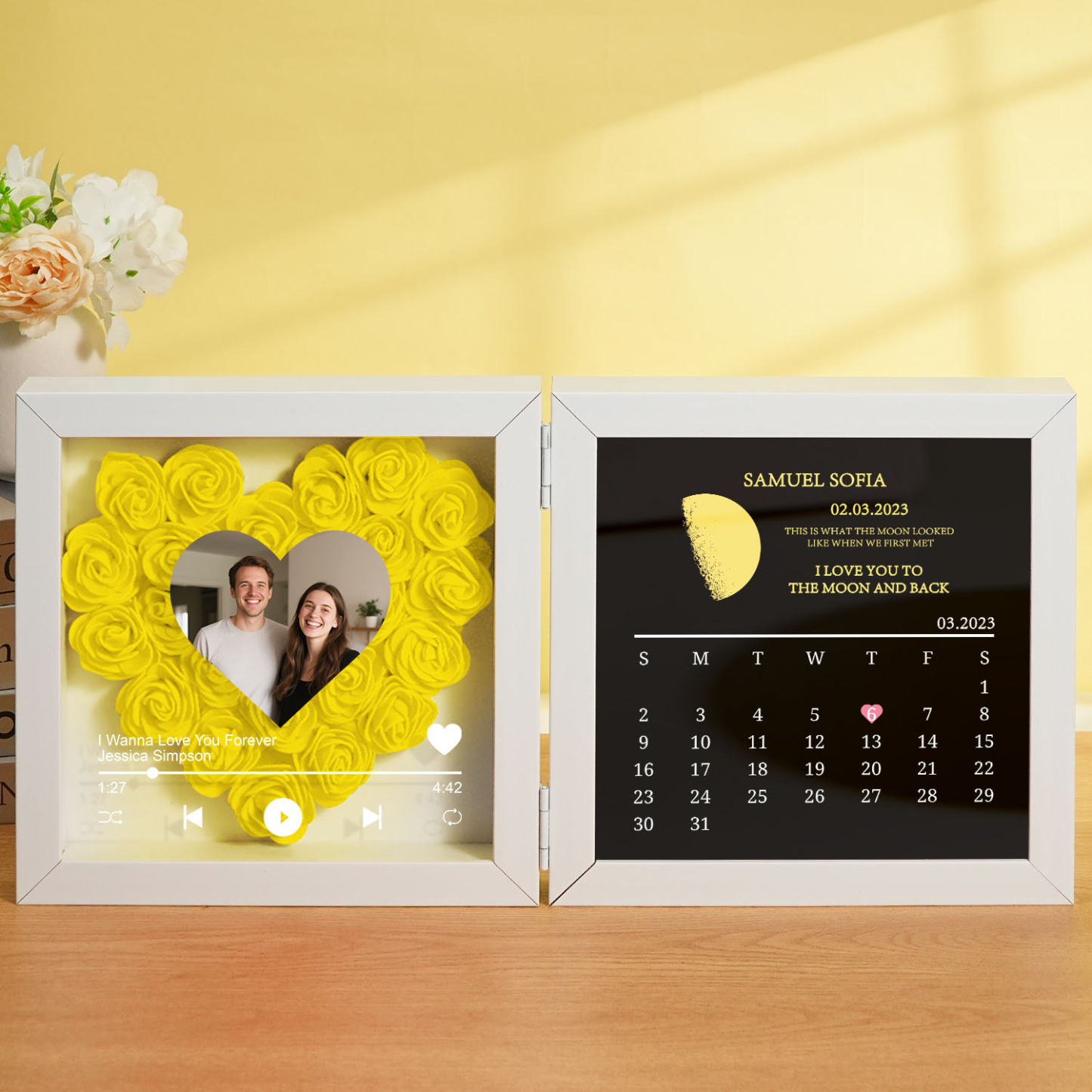 Custom Flowers Song Frame with Real Moon Phase Can Play Music Anniversary Calendar Gift for Her - CustWitUK