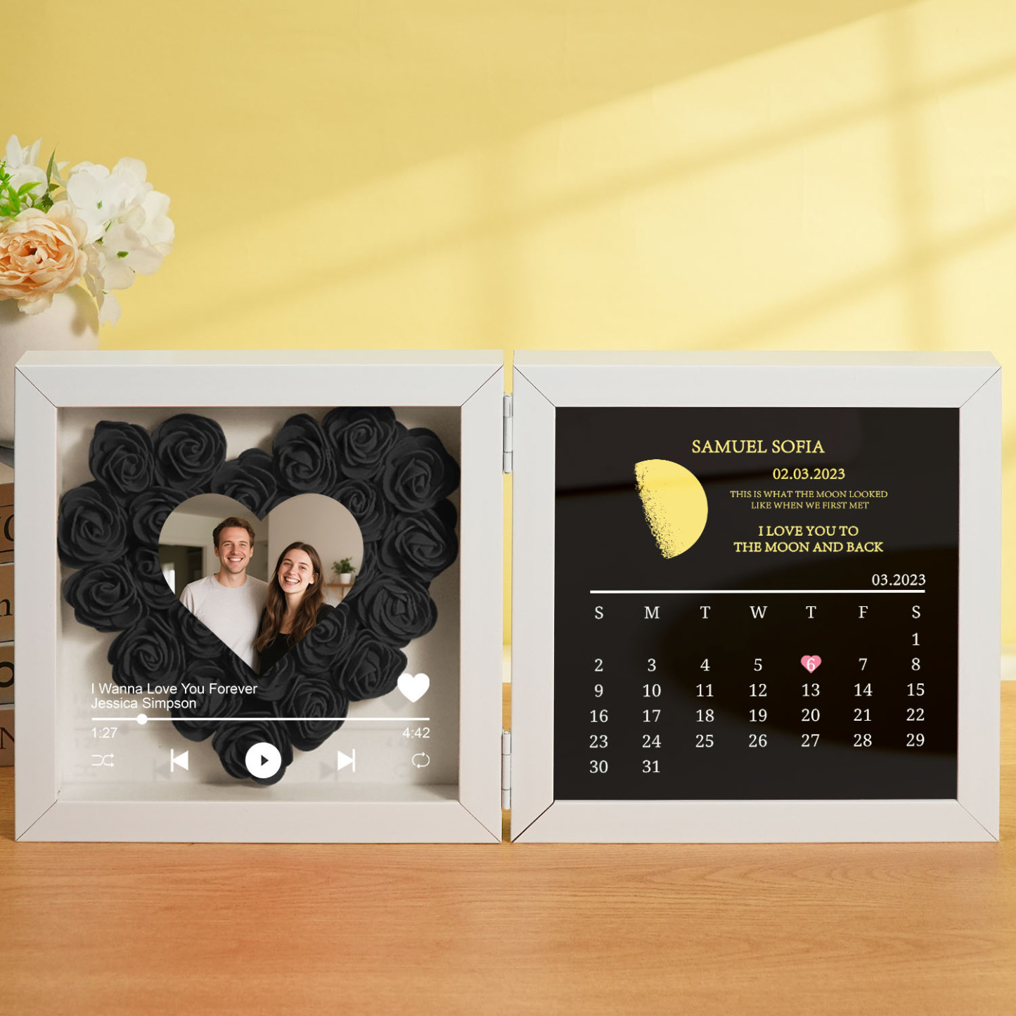 Custom Flowers Song Frame with Real Moon Phase Can Play Music Anniversary Calendar Gift for Her - CustWitUK