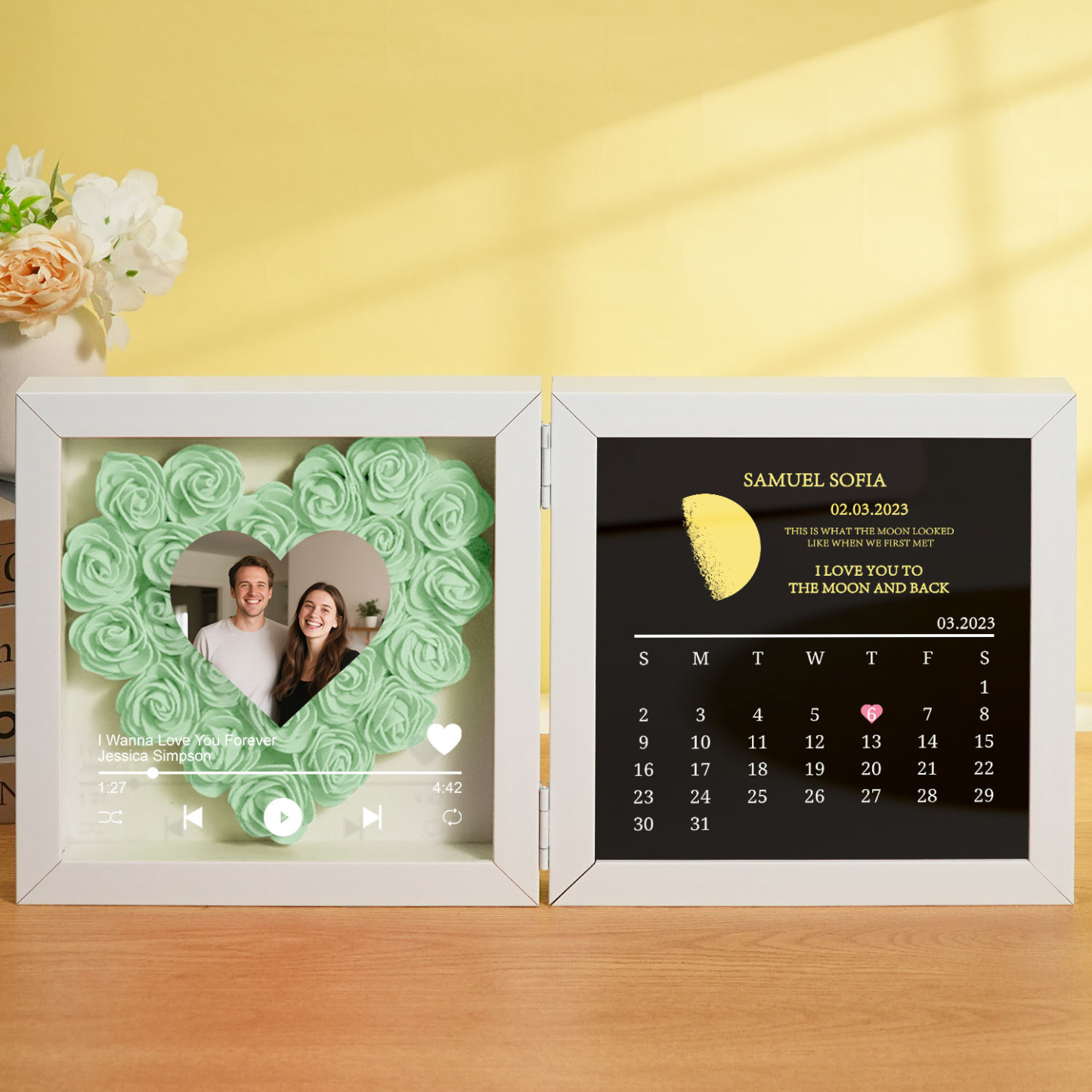 Custom Flowers Song Frame with Real Moon Phase Can Play Music Anniversary Calendar Gift for Her - CustWitUK