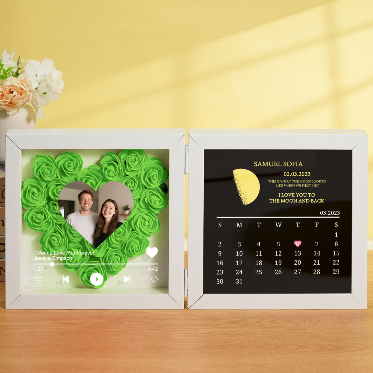 Custom Flowers Song Frame with Real Moon Phase Can Play Music Anniversary Calendar Gift for Her - CustWitUK
