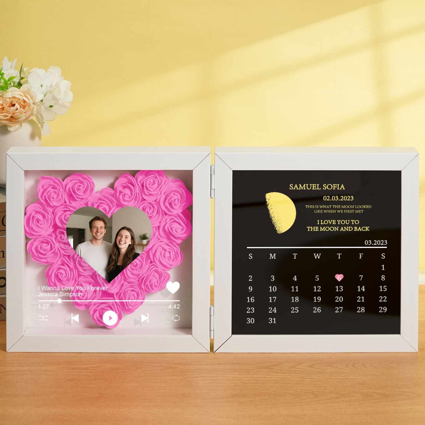 Custom Flowers Song Frame with Real Moon Phase Can Play Music Anniversary Calendar Gift for Her - CustWitUK