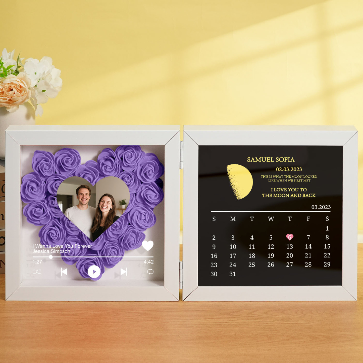 Custom Flowers Song Frame with Real Moon Phase Can Play Music Anniversary Calendar Gift for Her - CustWitUK
