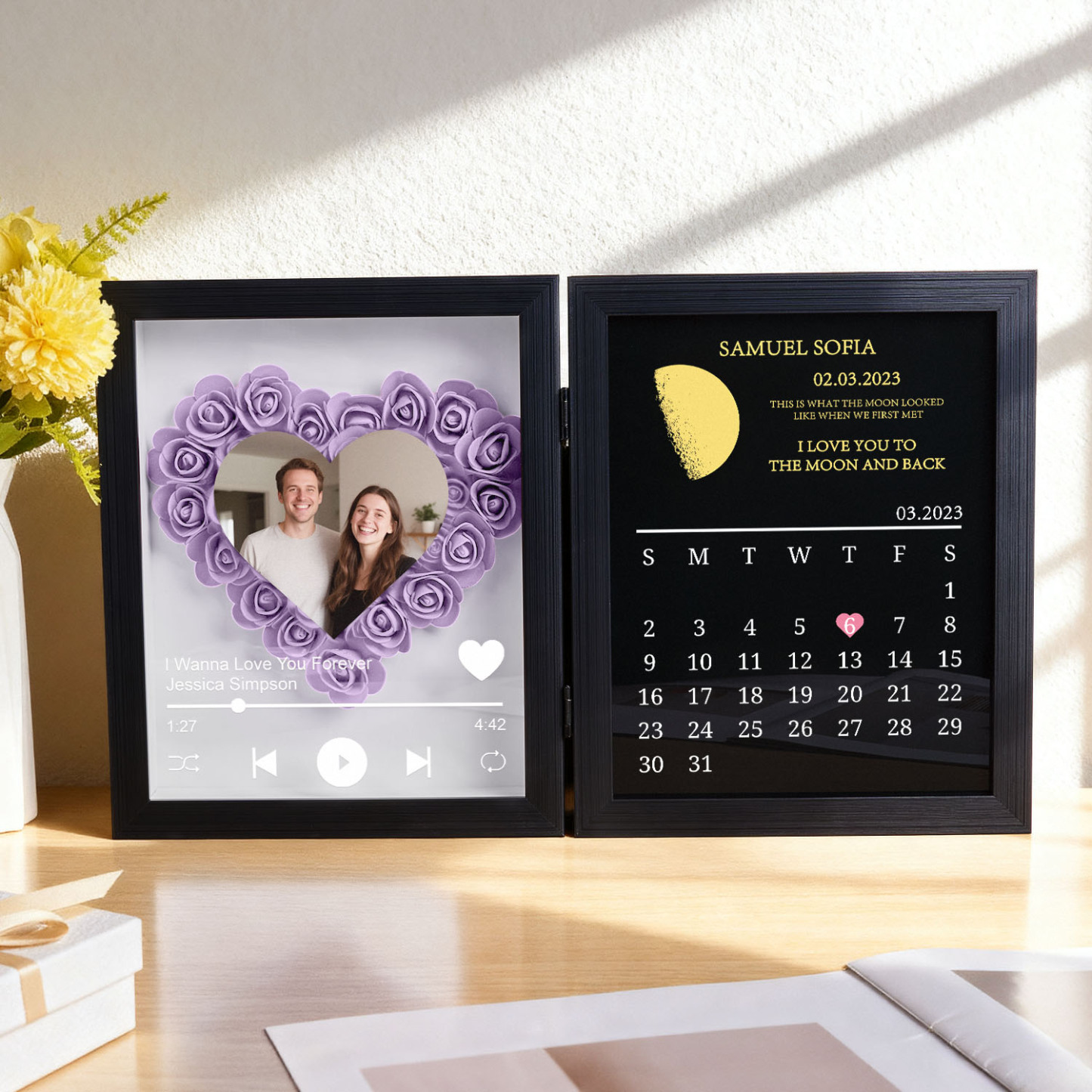 Custom Flowers Song Frame with Real Moon Phase Can Play Music Anniversary Calendar Gift for Her - CustWitUK