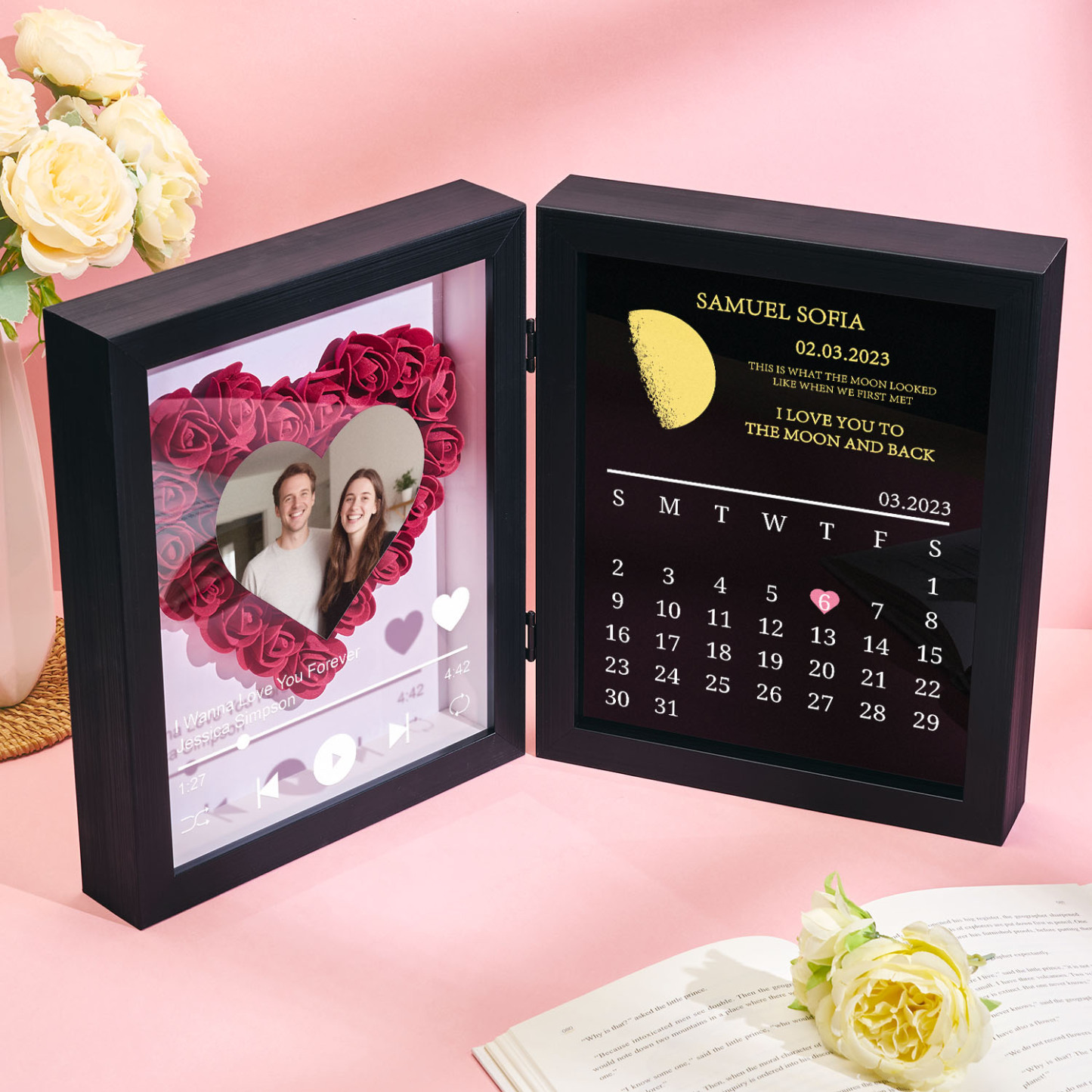 Custom Flowers Song Frame with Real Moon Phase Can Play Music Anniversary Calendar Gift for Her - CustWitUK