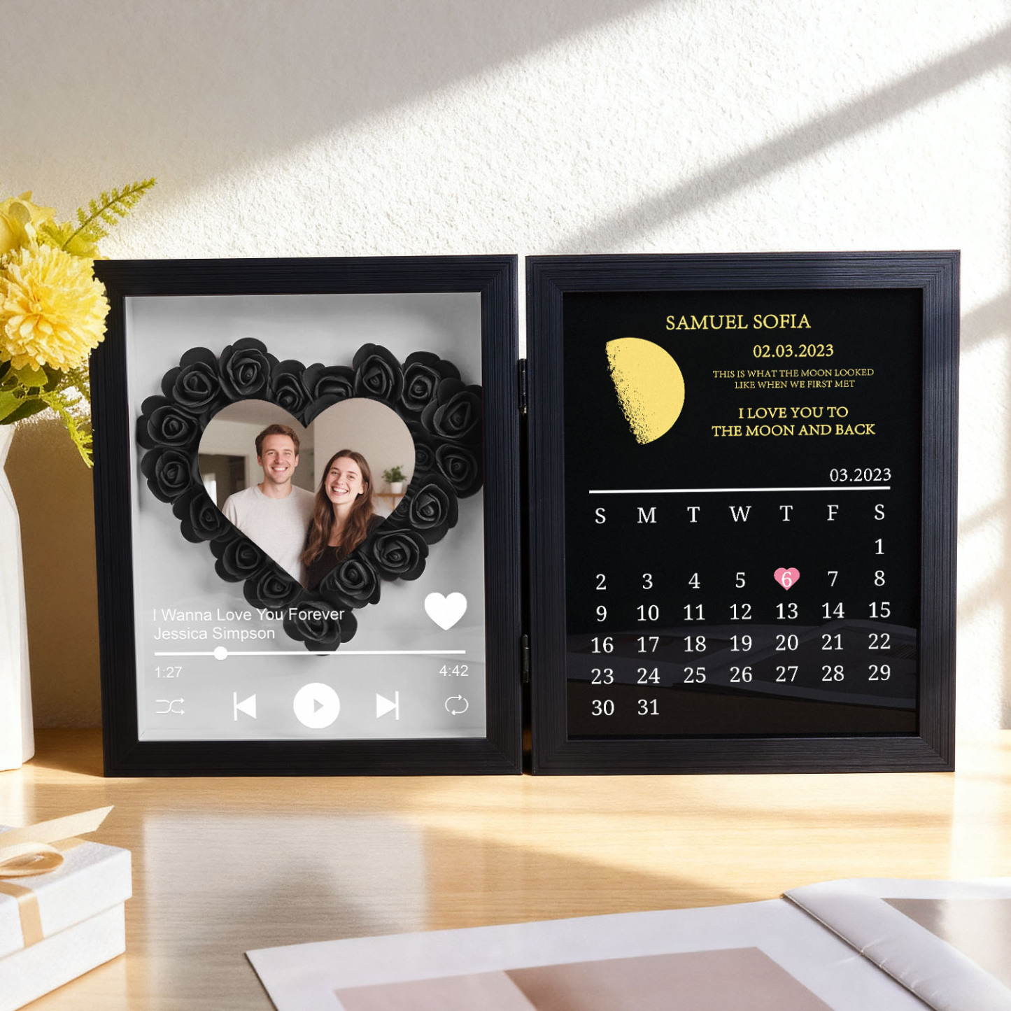 Custom Flowers Song Frame with Real Moon Phase Can Play Music Anniversary Calendar Gift for Her - CustWitUK