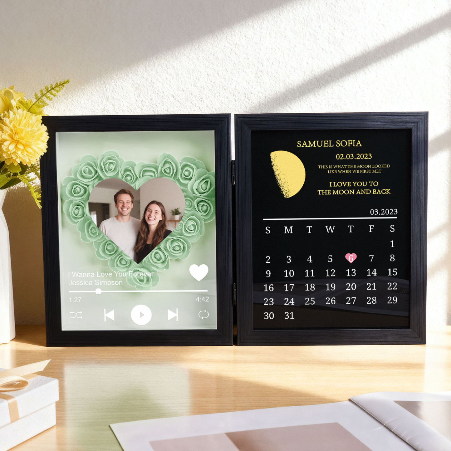 Custom Flowers Song Frame with Real Moon Phase Can Play Music Anniversary Calendar Gift for Her - CustWitUK