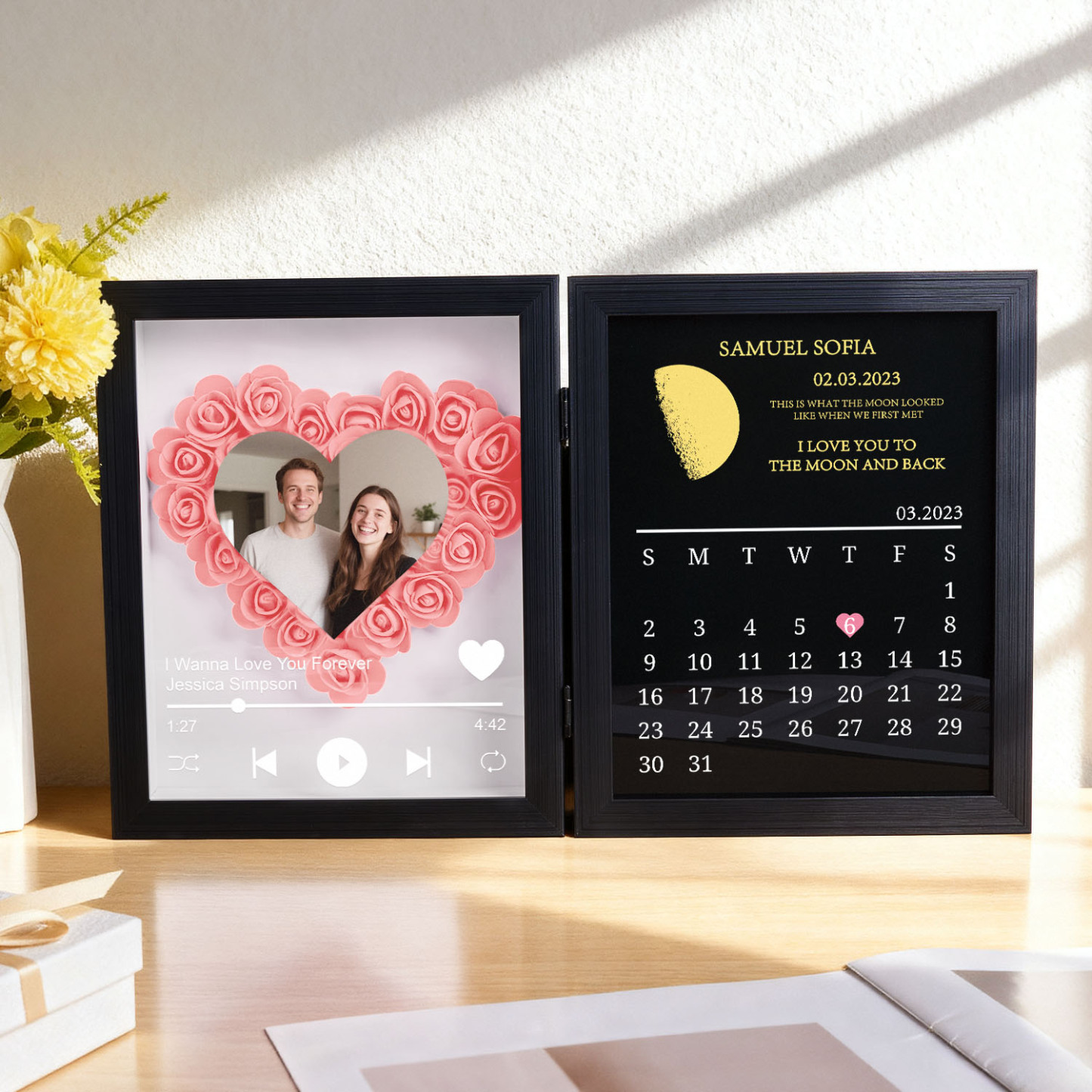 Custom Flowers Song Frame with Real Moon Phase Can Play Music Anniversary Calendar Gift for Her - CustWitUK