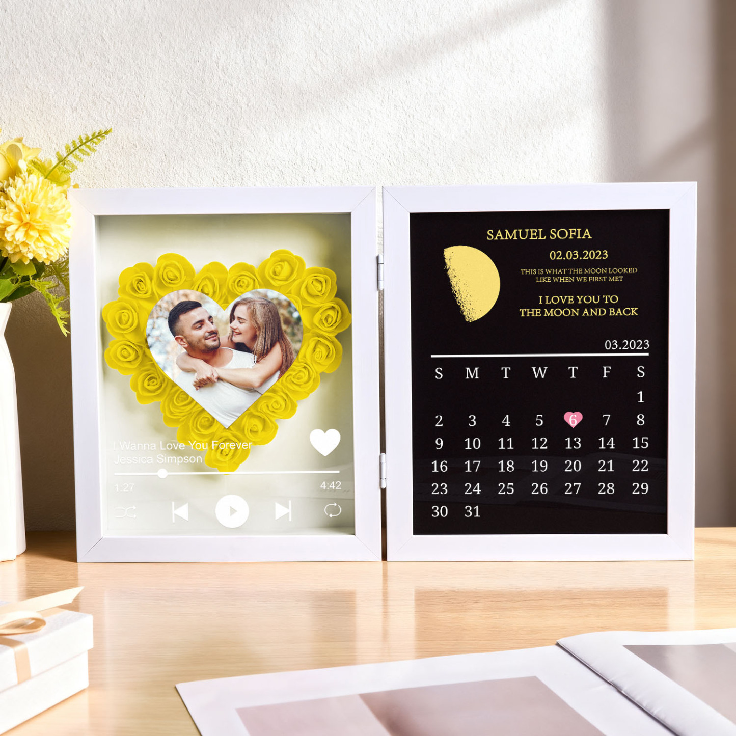 Custom Flowers Song Frame with Real Moon Phase Can Play Music Anniversary Calendar Gift for Her - CustWitUK