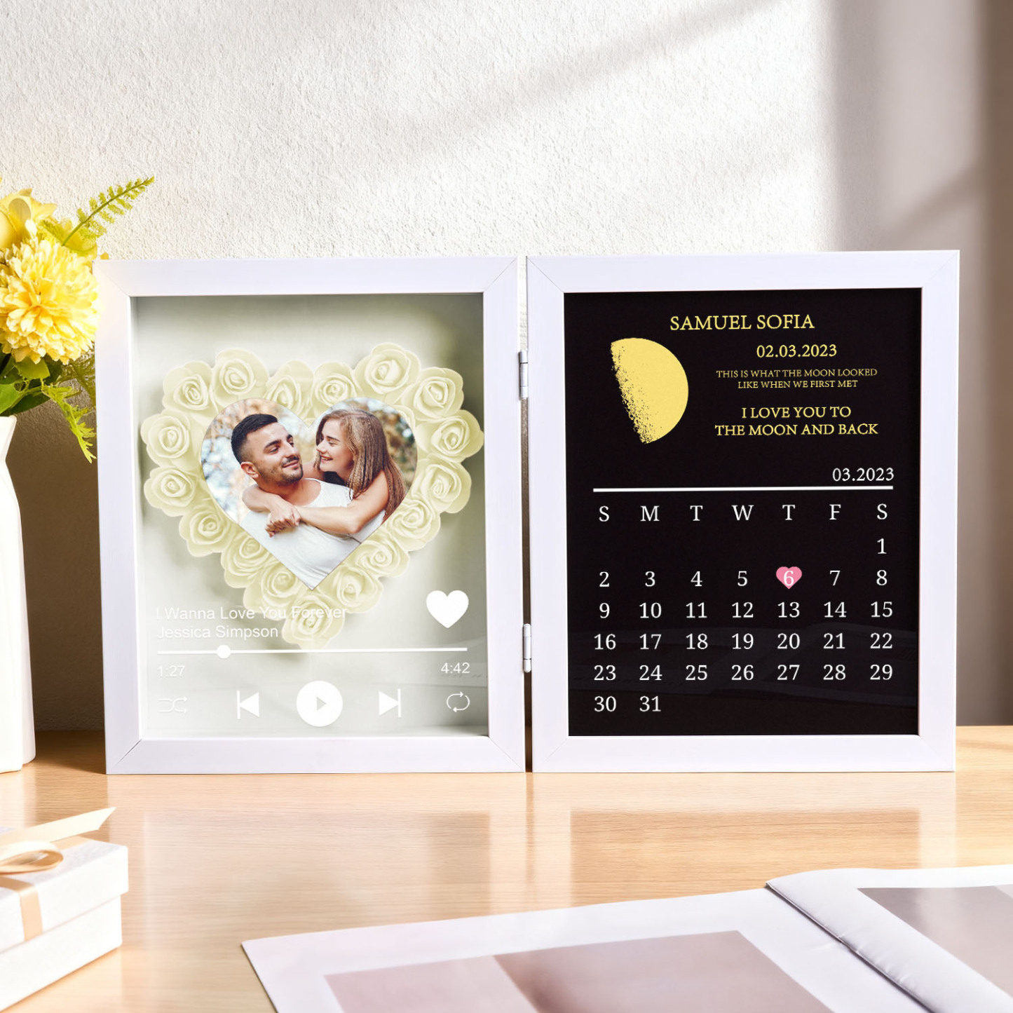 Custom Flowers Song Frame with Real Moon Phase Can Play Music Anniversary Calendar Gift for Her - CustWitUK