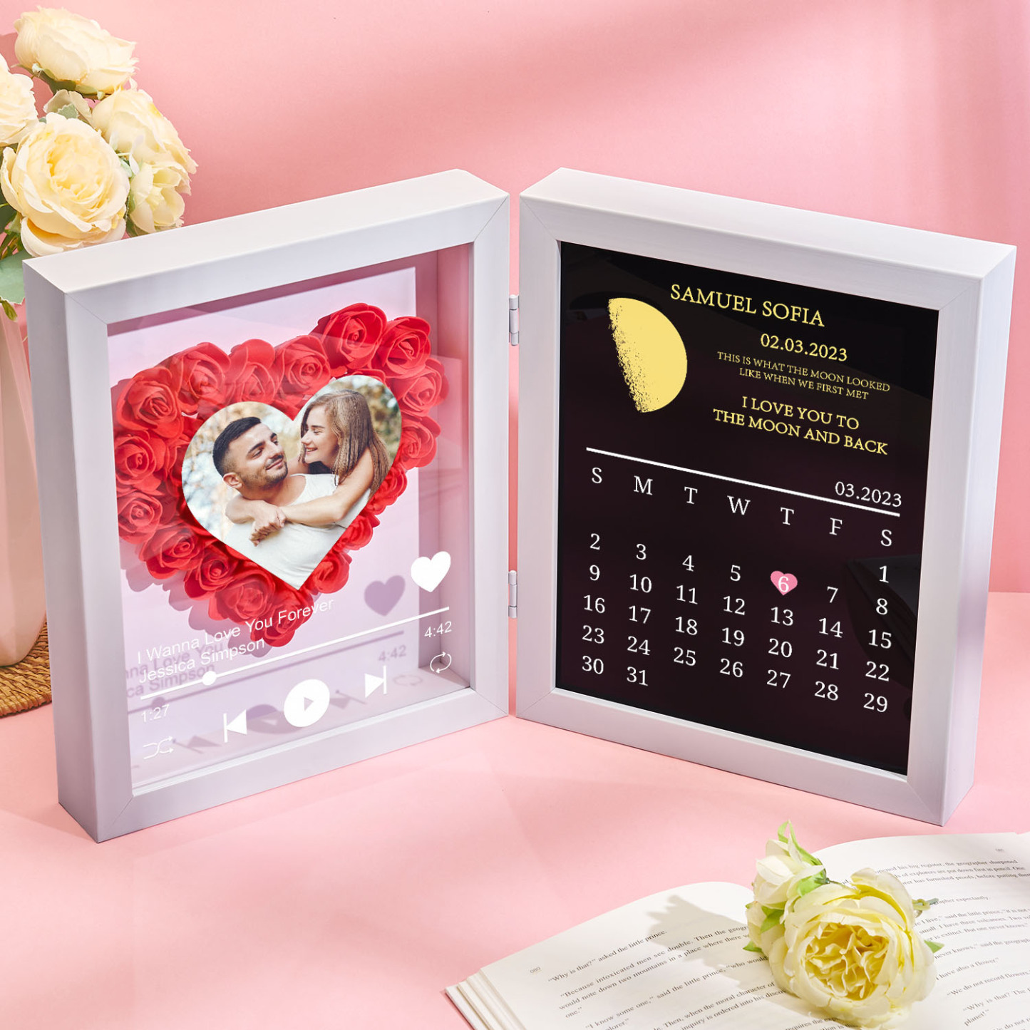 Custom Flowers Song Frame with Real Moon Phase Can Play Music Anniversary Calendar Gift for Her - CustWitUK