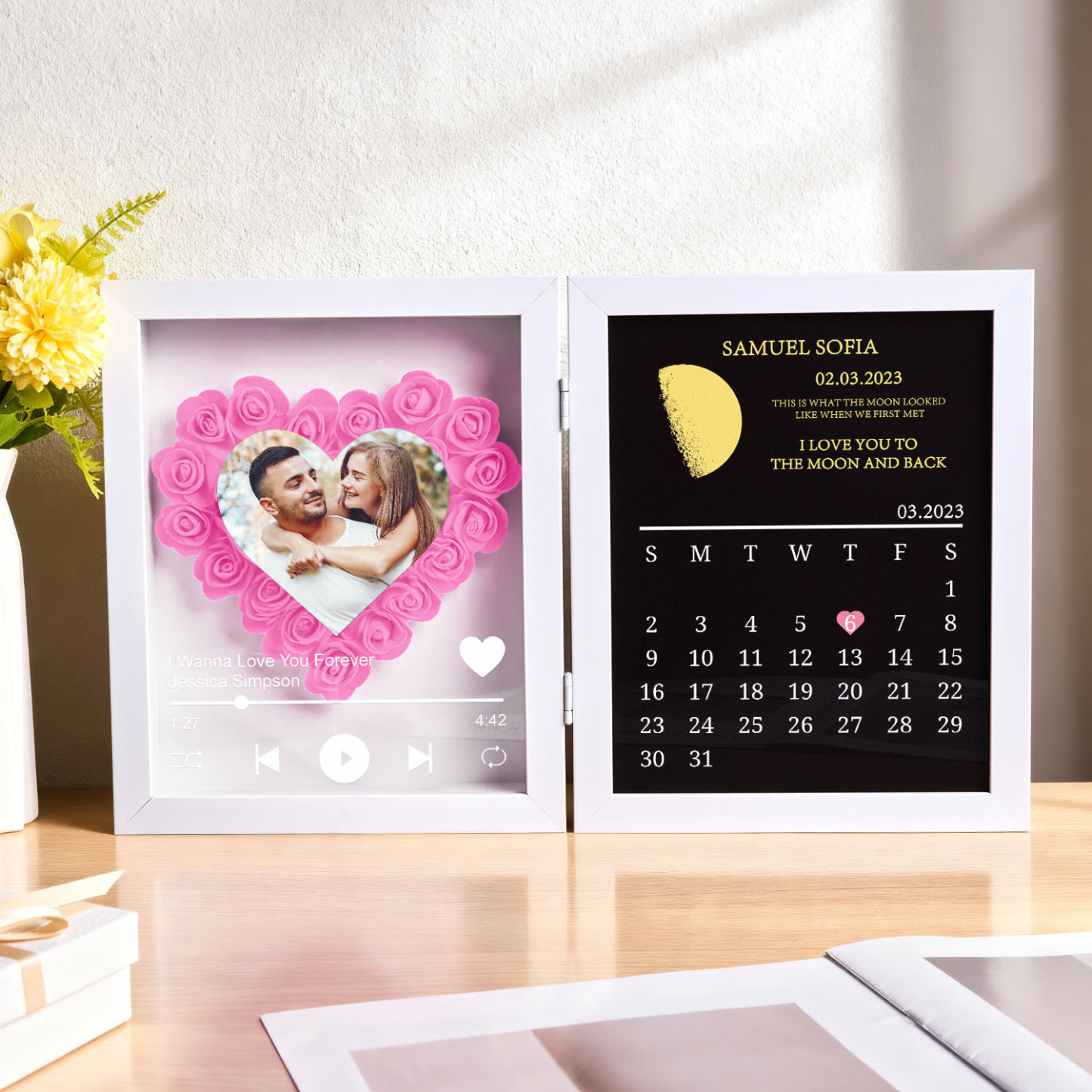 Custom Flowers Song Frame with Real Moon Phase Can Play Music Anniversary Calendar Gift for Her - CustWitUK