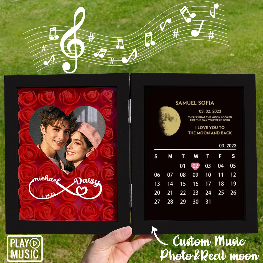 Custom Rose Flowers Frame with REAL MOON PHASE Can Play Music Anniversary Calendar Gift for Her - CustWitUK