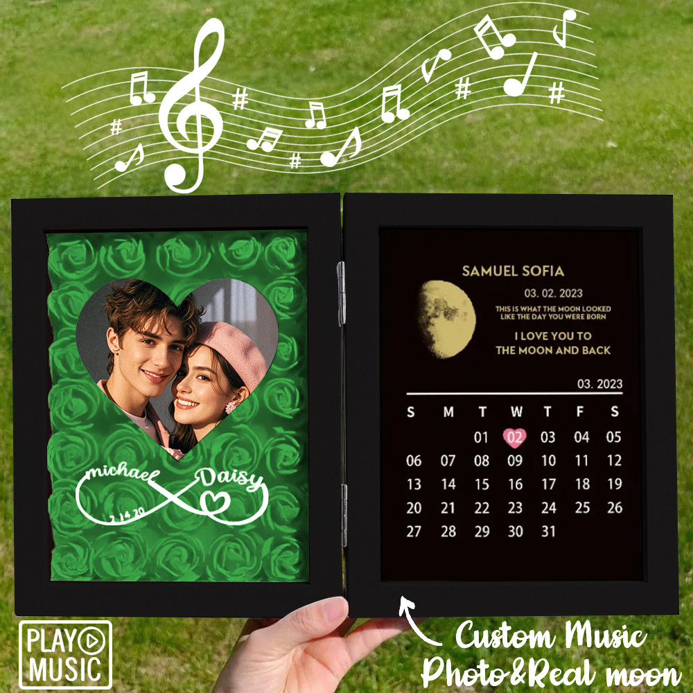 Custom Rose Flowers Frame with REAL MOON PHASE Can Play Music Anniversary Calendar Gift for Her - CustWitUK