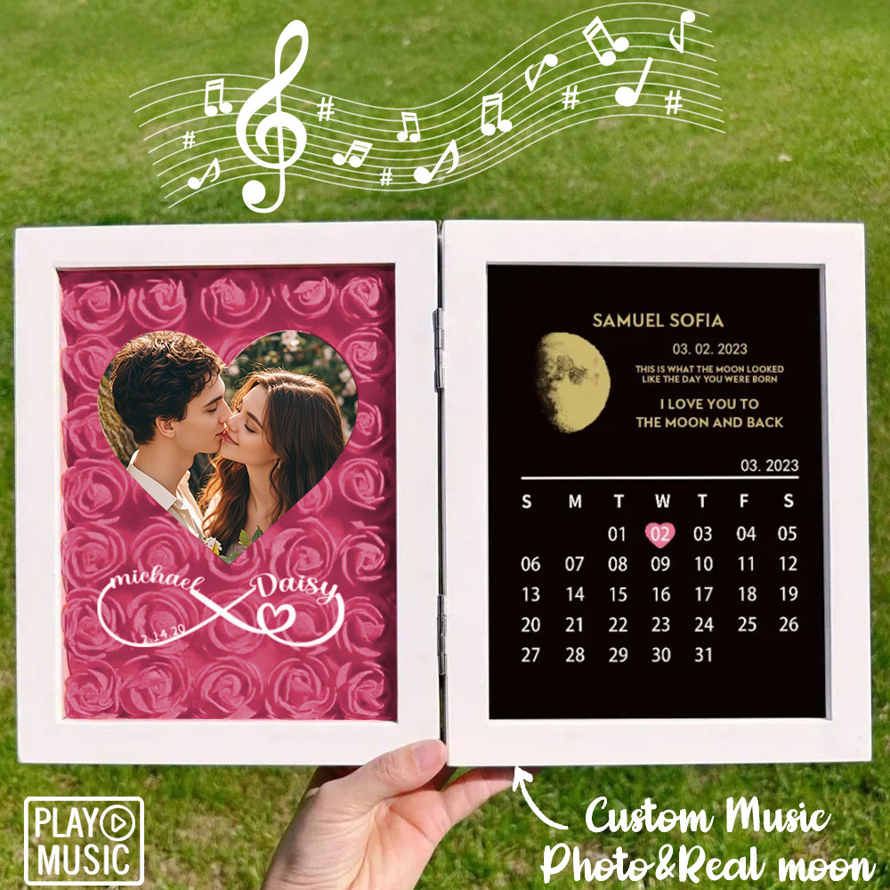 Custom Rose Flowers Frame with REAL MOON PHASE Can Play Music Anniversary Calendar Gift for Her - CustWitUK