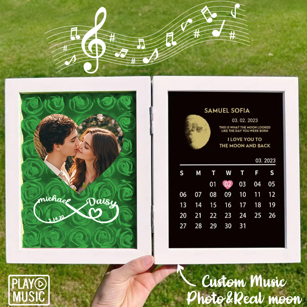 Custom Rose Flowers Frame with REAL MOON PHASE Can Play Music Anniversary Calendar Gift for Her - CustWitUK
