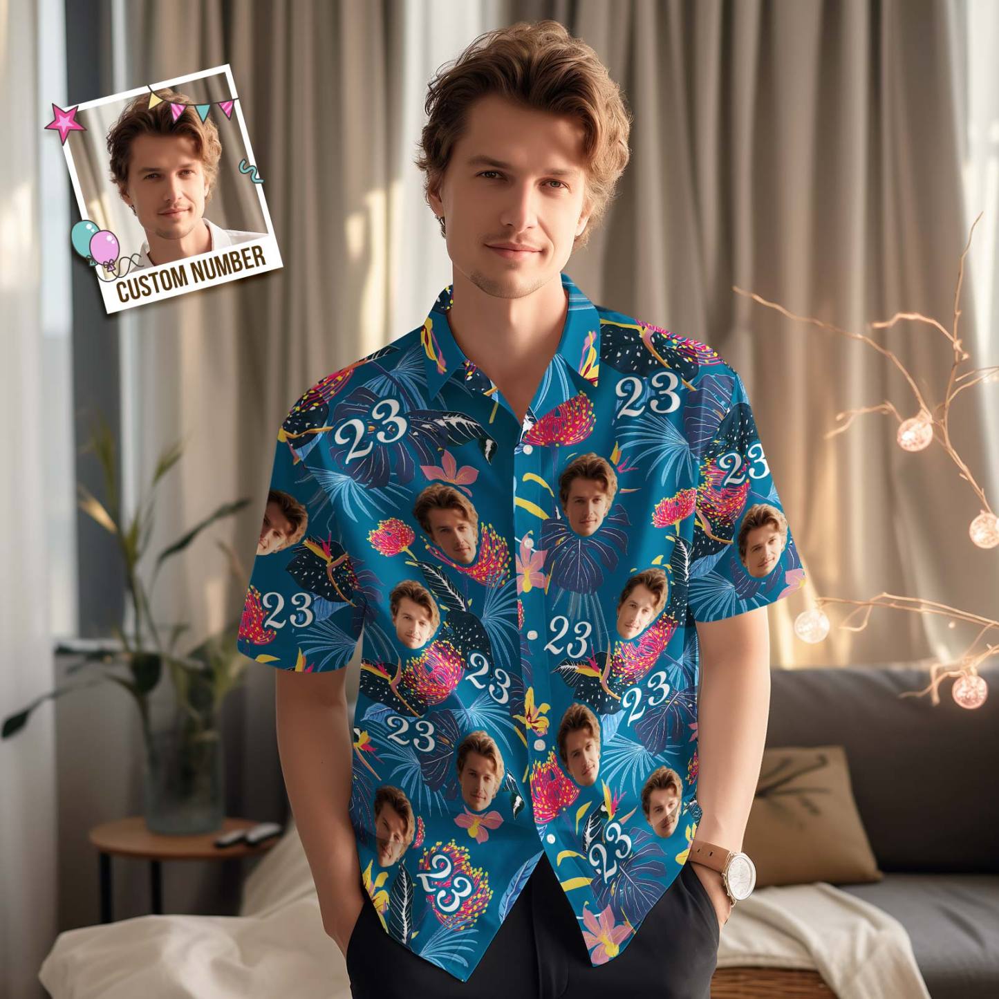 Camisa Hawaiana Personalizada Con Número Y Cara, Mangas Azul Oscuro Y Flores Rosas - CustWitES
