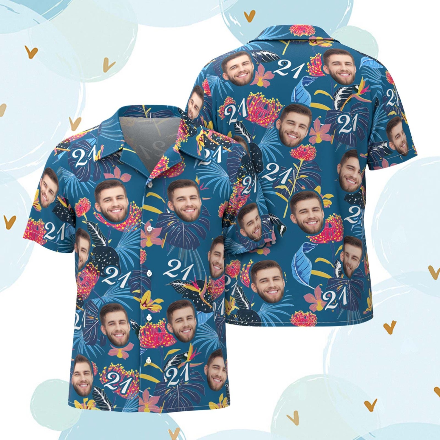 Camisa Hawaiana Personalizada Con Número Y Cara, Mangas Azul Oscuro Y Flores Rosas - CustWitES