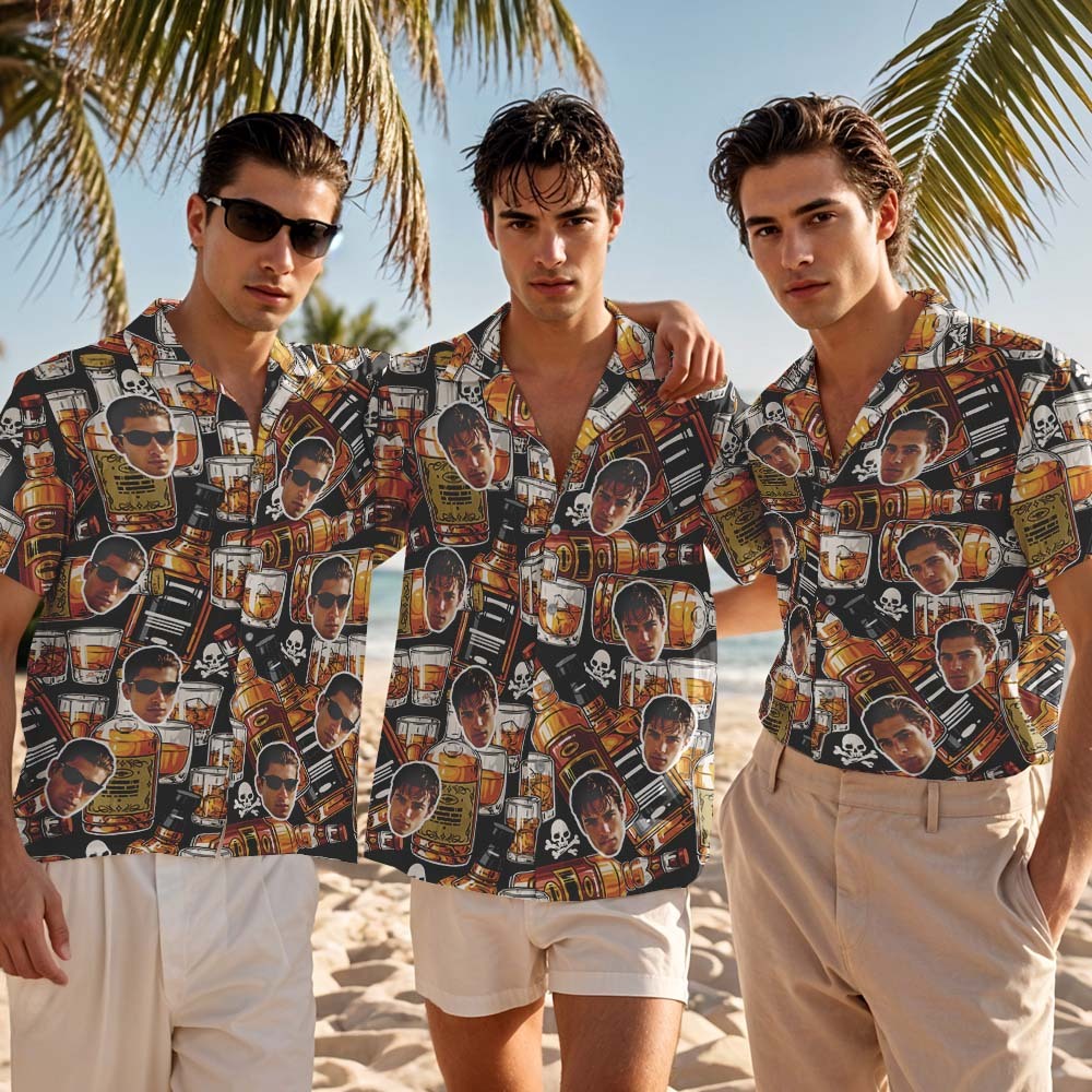 Camisa Hawaiana Con Cara Personalizada, Camisa Hawaiana Con Calavera De Whisky, Regalo Creativo Para El Día Del Padre - CustWitES