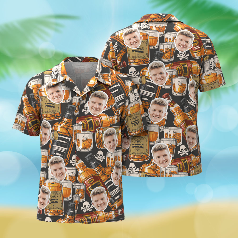 Camisa Hawaiana Con Cara Personalizada, Camisa Hawaiana Con Calavera De Whisky, Regalo Creativo Para El Día Del Padre - CustWitES