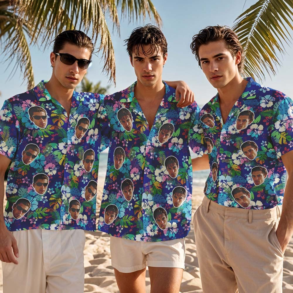 Camisa Hawaiana Con Cara Personalizada, Flamenco Rosa, Camisa Hawaiana Azul, Regalo Tropical De Verano Para Hombre - CustWitES