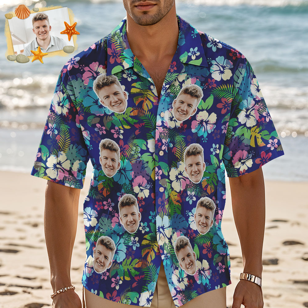 Camisa Hawaiana Con Cara Personalizada, Flamenco Rosa, Camisa Hawaiana Azul, Regalo Tropical De Verano Para Hombre - CustWitES