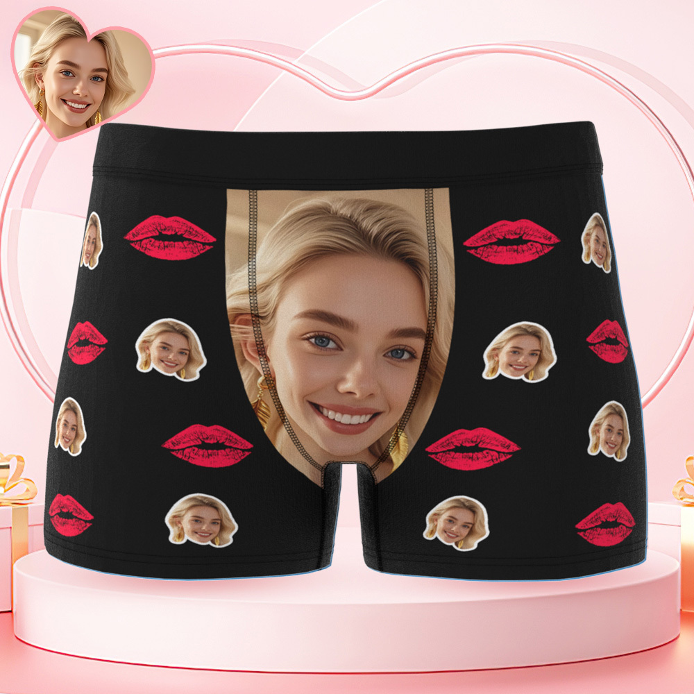 Custom Face Boxer Briefs with Kiss Lips Pattern – Personalized Underwear Funny Valentine’s Day Gift for Him
