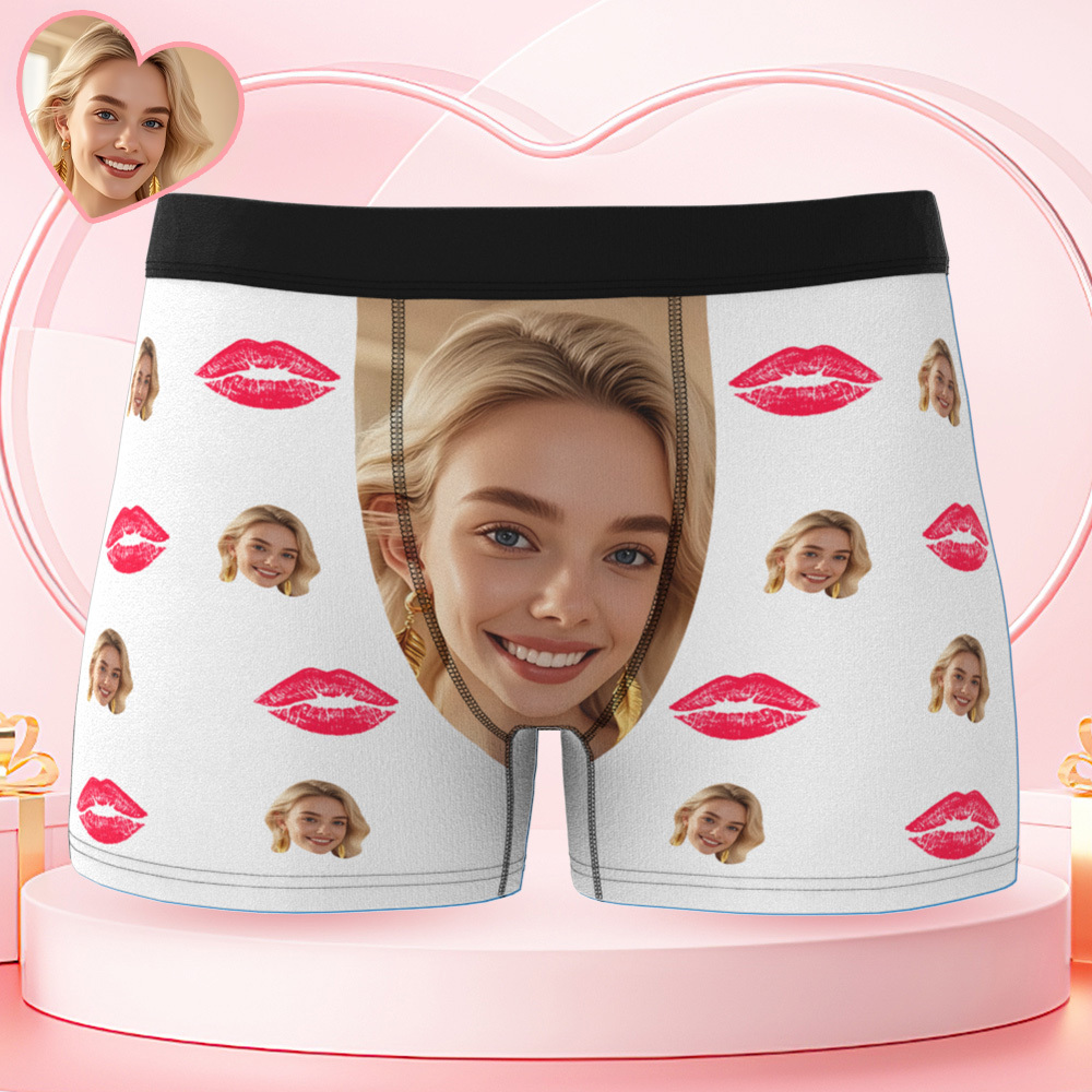 Custom Face Boxer Briefs with Kiss Lips Pattern – Personalized Underwear Funny Valentine’s Day Gift for Him