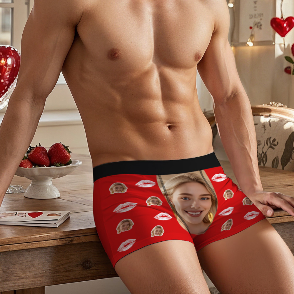 Custom Face Boxer Briefs with Kiss Lips Pattern – Personalized Underwear Funny Valentine’s Day Gift for Him