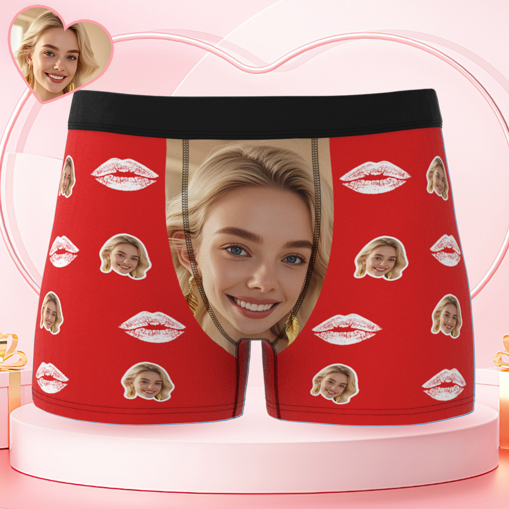 Custom Face Boxer Briefs with Kiss Lips Pattern – Personalized Underwear Funny Valentine’s Day Gift for Him