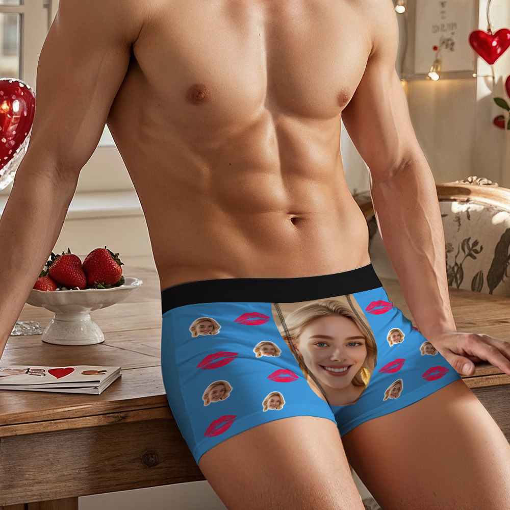 Custom Face Boxer Briefs with Kiss Lips Pattern – Personalized Underwear Funny Valentine’s Day Gift for Him