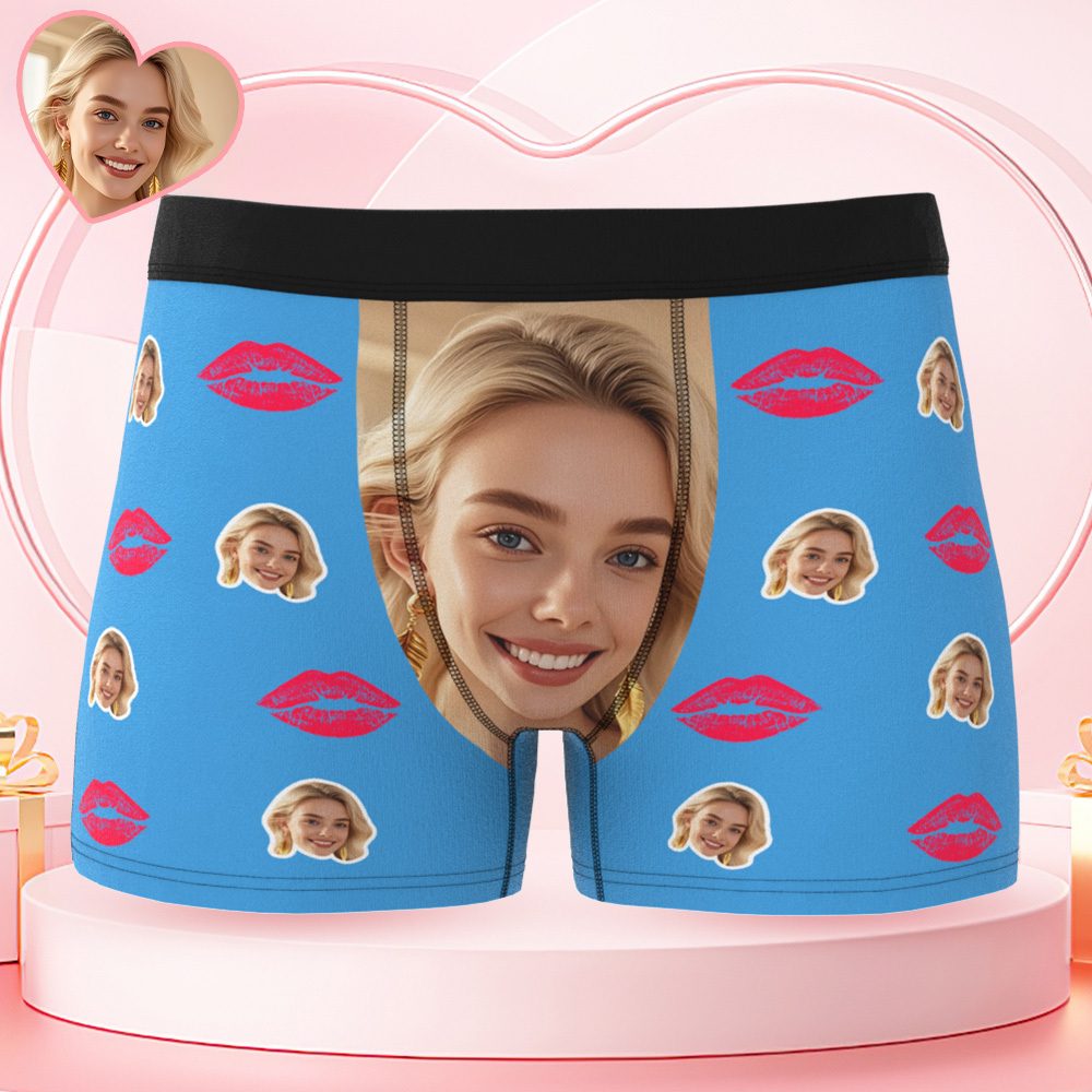 Custom Face Boxer Briefs with Kiss Lips Pattern – Personalized Underwear Funny Valentine’s Day Gift for Him