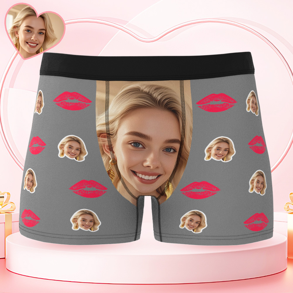 Custom Face Boxer Briefs with Kiss Lips Pattern – Personalized Underwear Funny Valentine’s Day Gift for Him
