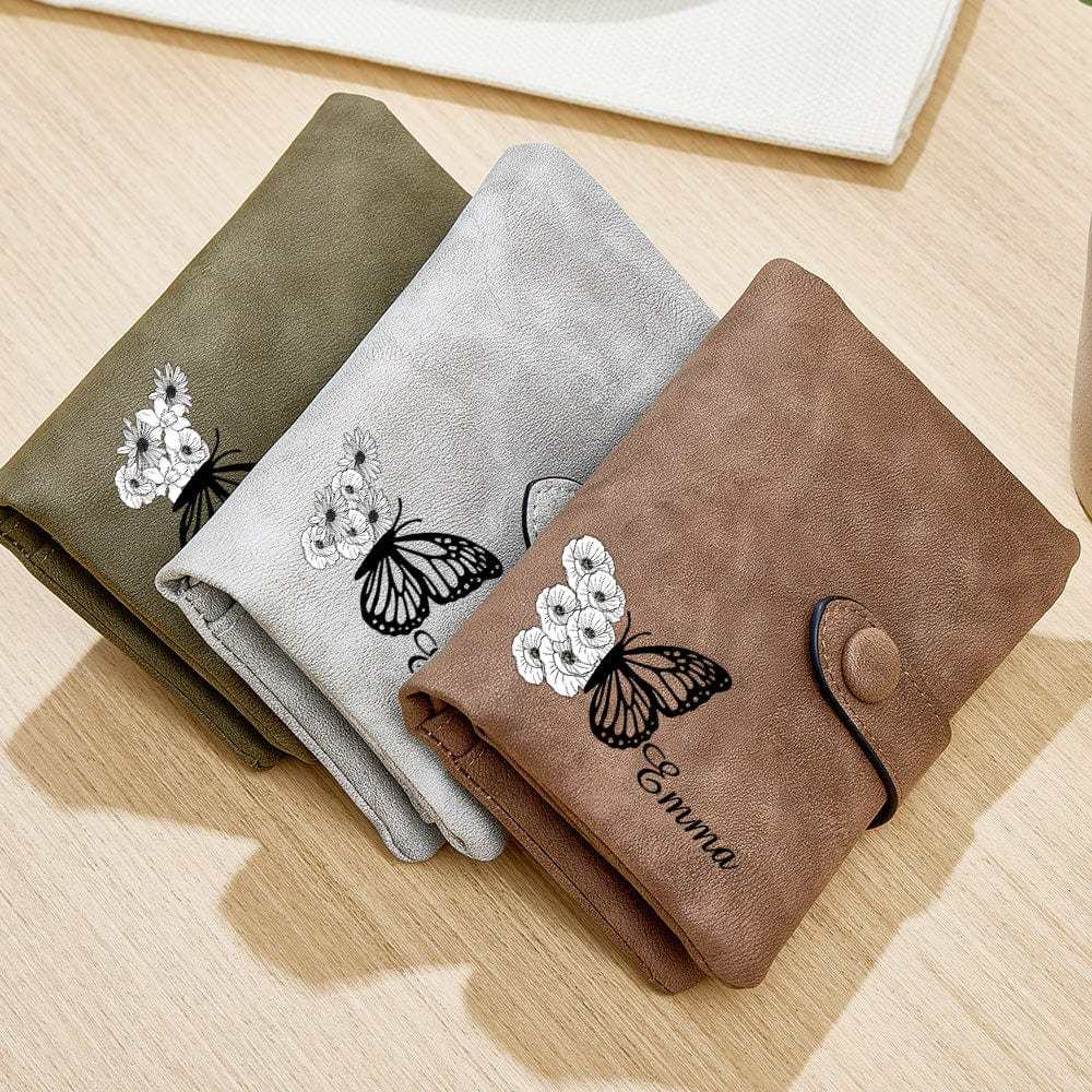Cartera De Cuero Personalizada De Tres Pliegues Con Diseño De Mariposa Y Flor De Nacimiento, Con Monedero, Regalo Personalizado Para El Día De La Madre Para Mujer. - CustWitES