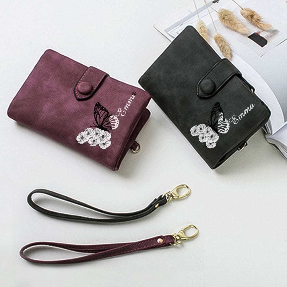 Cartera De Cuero Personalizada De Tres Pliegues Con Diseño De Mariposa Y Flor De Nacimiento, Con Monedero, Regalo Personalizado Para El Día De La Madre Para Mujer. - CustWitES