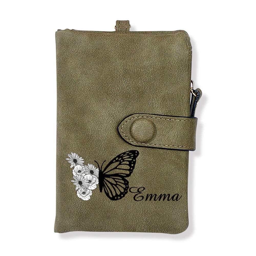 Cartera De Cuero Personalizada De Tres Pliegues Con Diseño De Mariposa Y Flor De Nacimiento, Con Monedero, Regalo Personalizado Para El Día De La Madre Para Mujer. - CustWitES