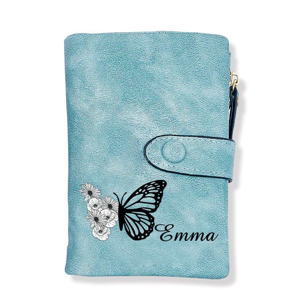 Cartera De Cuero Personalizada De Tres Pliegues Con Diseño De Mariposa Y Flor De Nacimiento, Con Monedero, Regalo Personalizado Para El Día De La Madre Para Mujer. - CustWitES