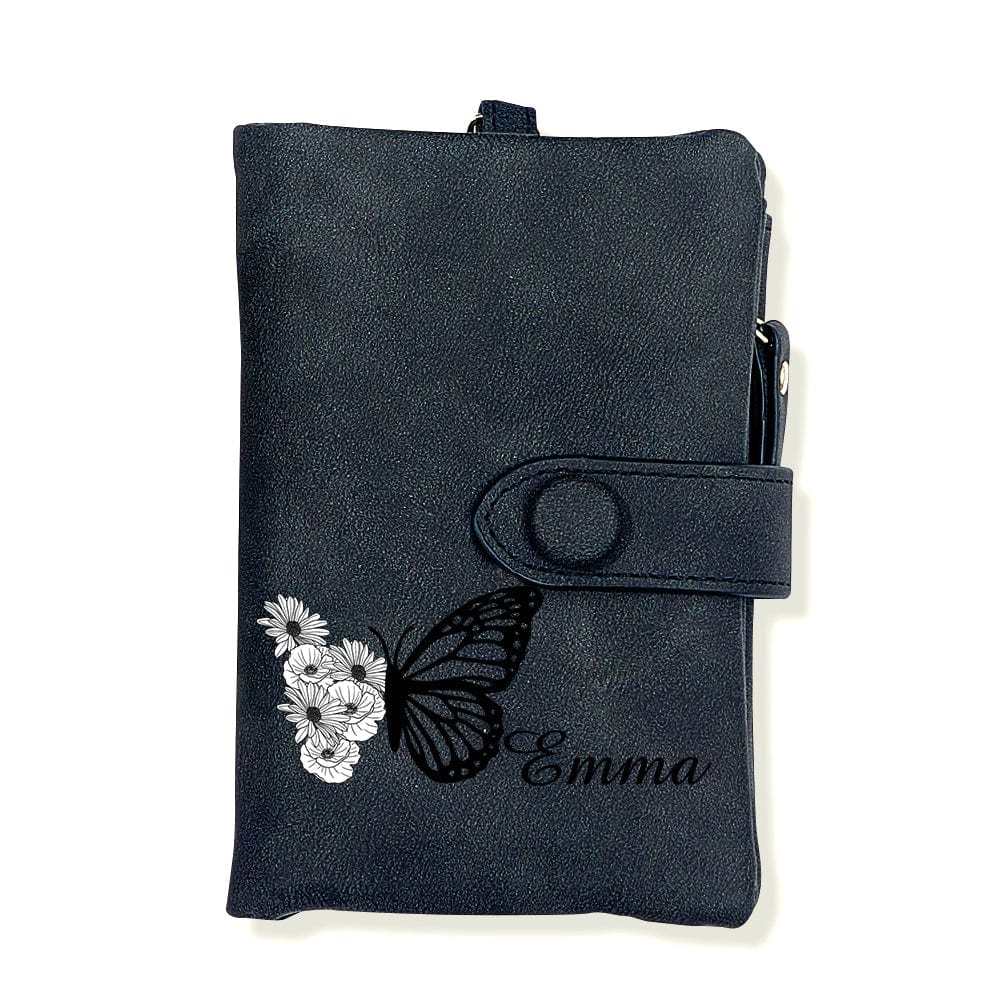 Cartera De Cuero Personalizada De Tres Pliegues Con Diseño De Mariposa Y Flor De Nacimiento, Con Monedero, Regalo Personalizado Para El Día De La Madre Para Mujer. - CustWitES