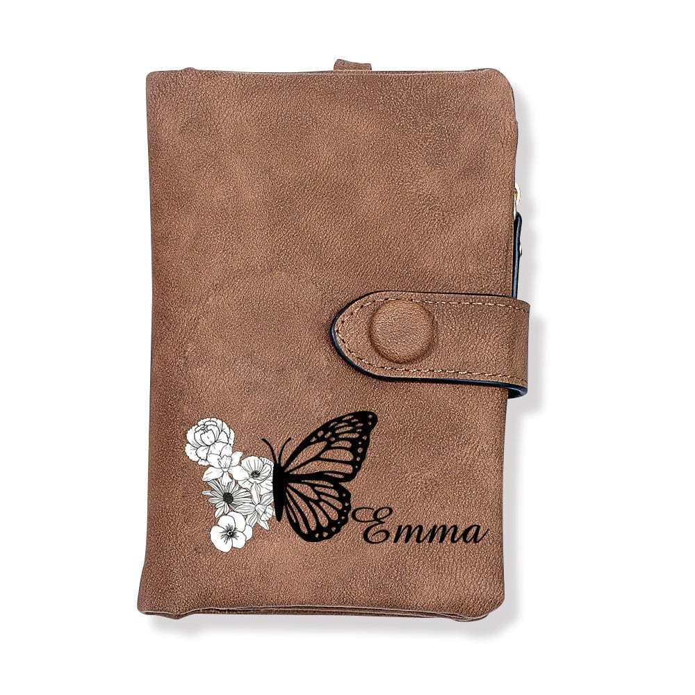 Cartera De Cuero Personalizada De Tres Pliegues Con Diseño De Mariposa Y Flor De Nacimiento, Con Monedero, Regalo Personalizado Para El Día De La Madre Para Mujer. - CustWitES