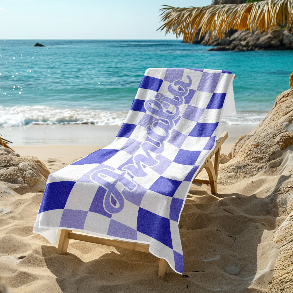 Toalla De Playa Personalizada Con Nombre Personalizado, Toalla De Baño A Cuadros, Regalo De Vacaciones De Verano - CustWitES